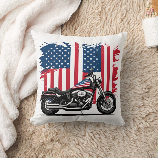 Cojín Decorativo Motocicleta con fondo de bandera estadounidense (Manta)