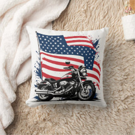 Cojín Decorativo Motocicleta vintage con fondo de bandera estadouni