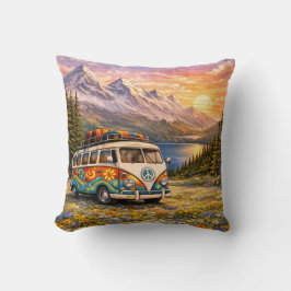 Cojín Decorativo Mountain Sunset Wildflowers Retro Hippie Van Life