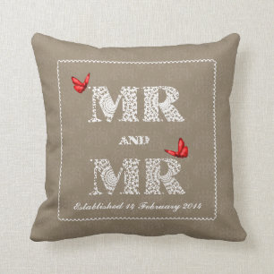 Cojín Decorativo Mr. and Mr. White Lace Word Art Red Butterflies