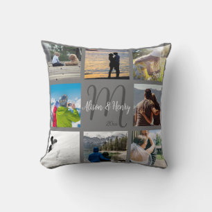 Cojín Decorativo Mr. and Mrs. Newlywoed Personalizado 8 Photo Grid