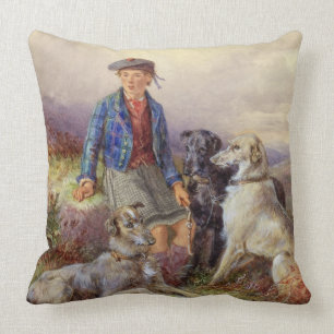 Cojín Decorativo Muchacho escocés con los wolfhounds en un landsca