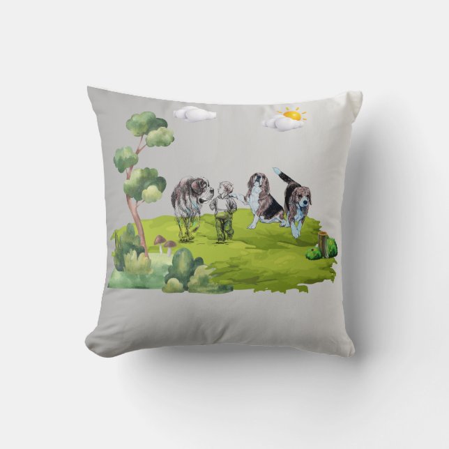 Cojín Decorativo Muchacho y perros (Anverso)