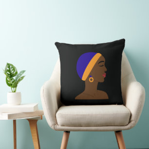 Cojín Decorativo Mujer africana de perfil con gorro azul y amarillo