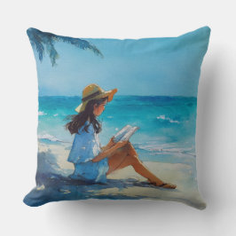 COJÍN DECORATIVO MUJER AL ACUARELA LEJENDO EN LA PLAYA