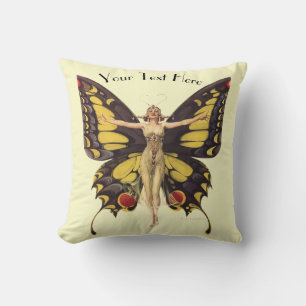 Cojín Decorativo Mujer Art Nouveau de época con alas de mariposa