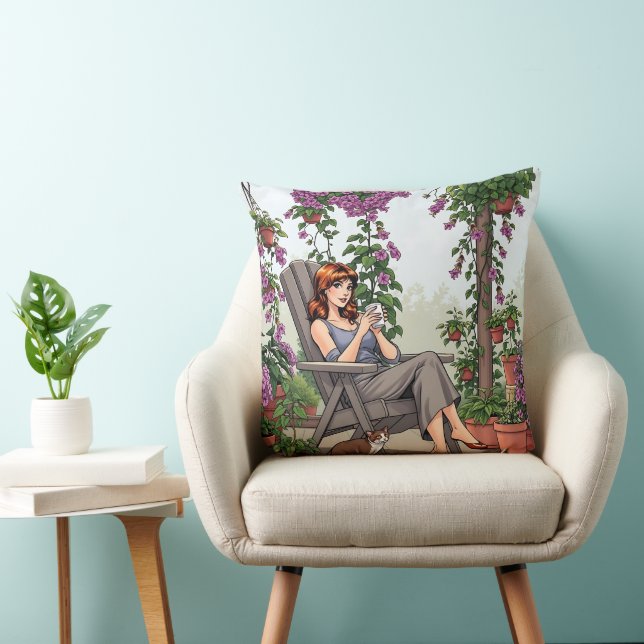 Cojín Decorativo Mujer bonito bebiendo café, su perro y sus plantas (Silla)