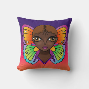 Cojín Decorativo Mujer con alas de mariposa brillante y colorida
