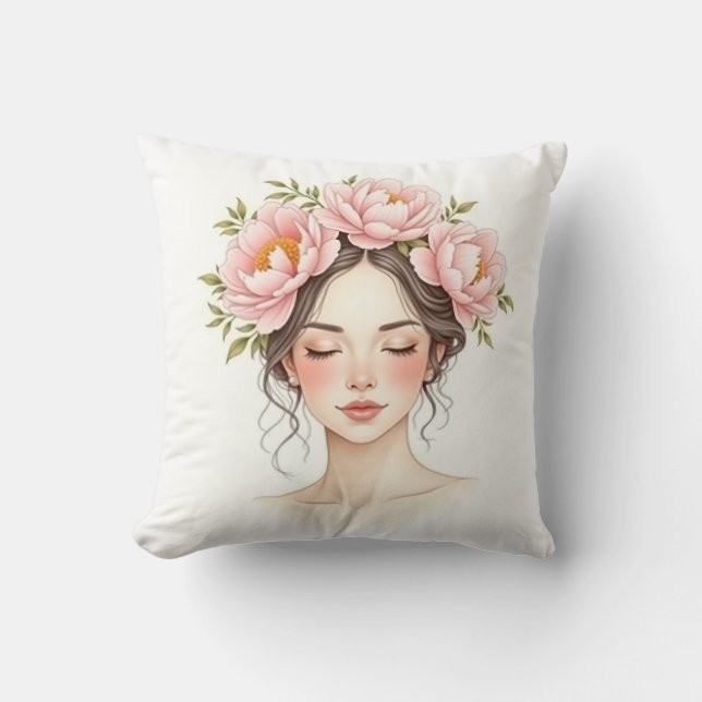 Cojín Decorativo Mujer con flor de peonía (Anverso)