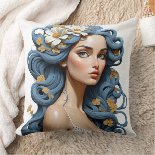 Cojín Decorativo Mujer con flores en el pelo.