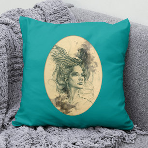 Cojín Decorativo Mujer de fantasía cara Cráneo de ave Alas Arte sur