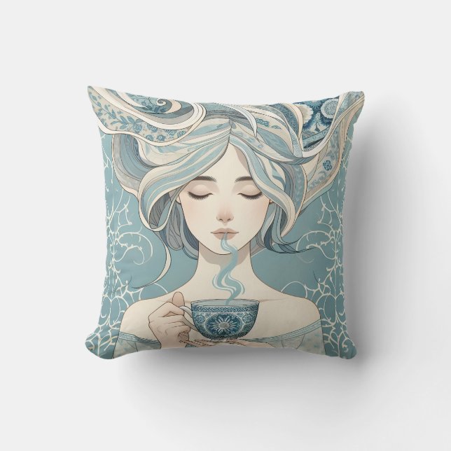 Cojín Decorativo Mujer de mosaico otomano con té - Flujo azul suave (Anverso)