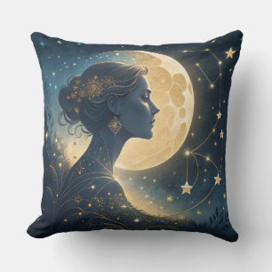 Cojín Decorativo Mujer elegante bajo la luna y las estrellas dorada