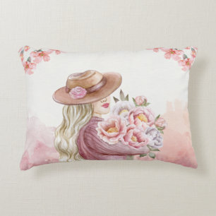 Cojín Decorativo Mujer elegante con estampado de acuarela de peonía
