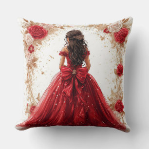 Cojín Decorativo Mujer elegante con un vestido rojo rodeada de rosa