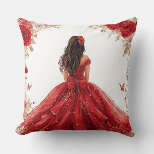 Cojín Decorativo Mujer elegante con un vestido rojo rodeada de rosa