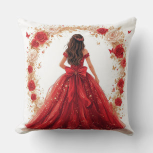 Cojín Decorativo Mujer elegante con un vestido rojo rodeada de rosa
