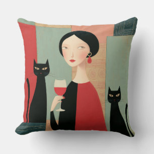Cojín Decorativo Mujer elegante gatos negros y vino