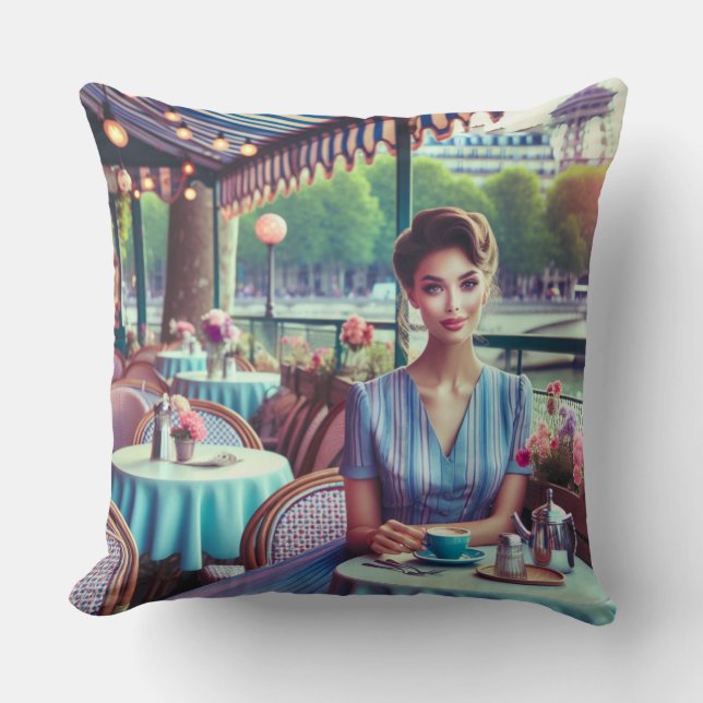 Cojín Decorativo Mujer en restaurante (Anverso)