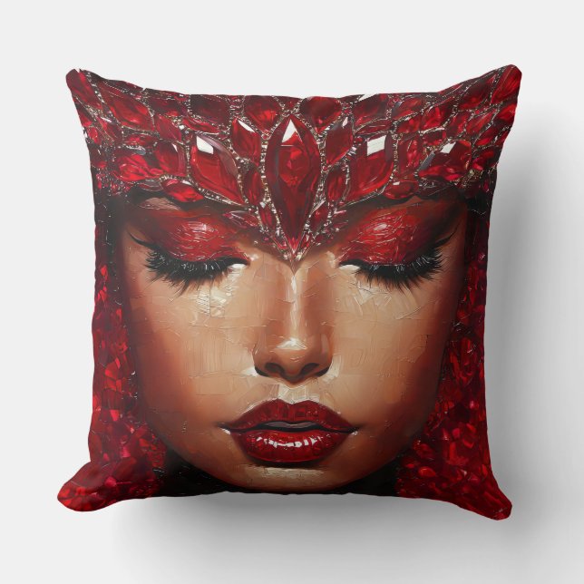 Cojín Decorativo Mujer hermosa con joyas rojas (Anverso)