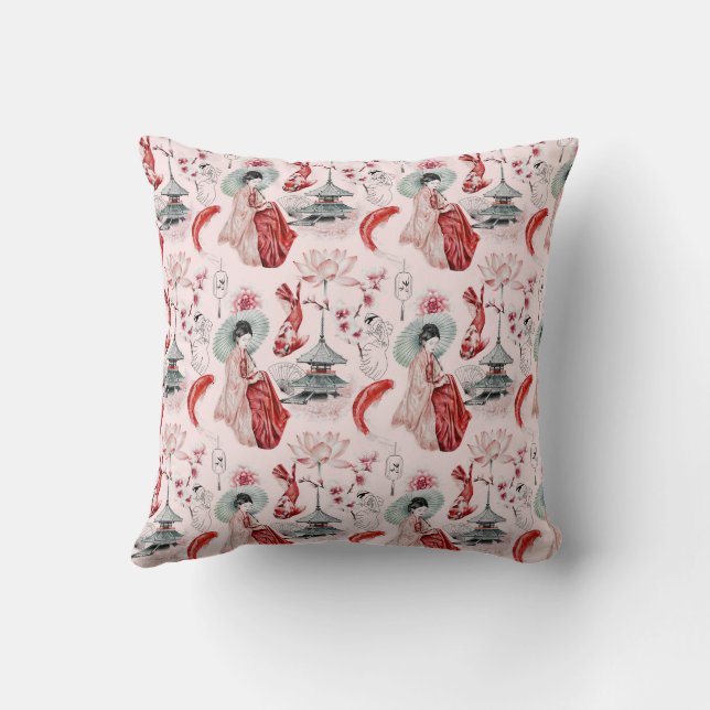 Cojín Decorativo Mujer japonesa acuarela Pagoda Lotus Koi Fish (Reverso)