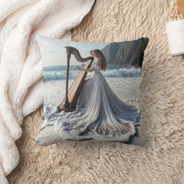 Cojín Decorativo Mujer jugando el arpa en la costa (Manta)