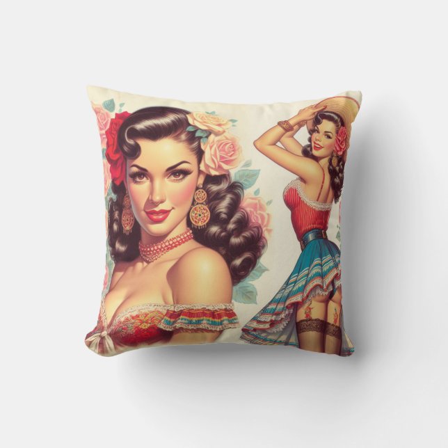 Cojín Decorativo Mujer mexicana de belleza retro (Anverso)