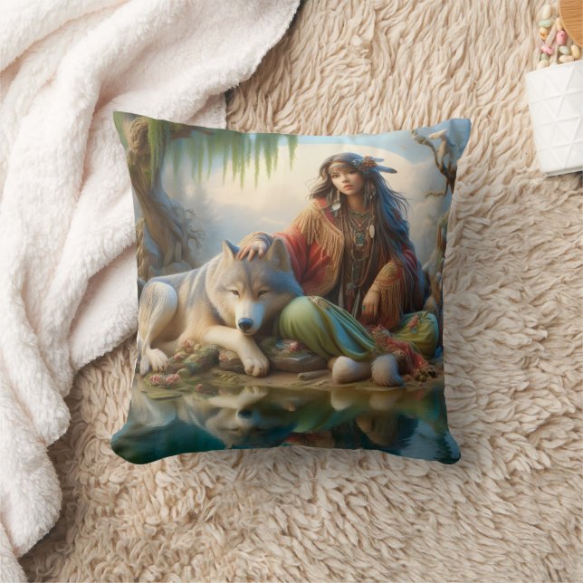 Cojín Decorativo Mujer nativa con lobo por agua (Manta)
