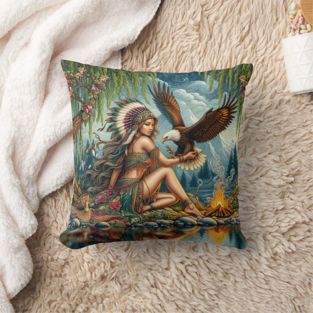 Cojín Decorativo Mujer Nativa Estadounidense Con Águila Por Río Tra (Manta)