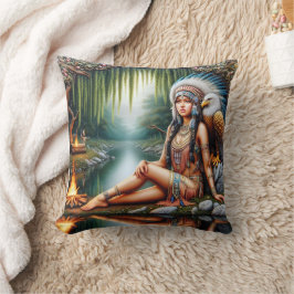 Cojín Decorativo Mujer Nativa Estadounidense Con Águila Por Río Tra