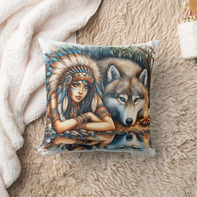 Cojín Decorativo Mujer Nativa Estadounidense Con Lobo Por Agua Tran (Manta)