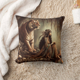 Cojín Decorativo Mujer Nativa Estadounidense Sentada Con Tigre A Rí