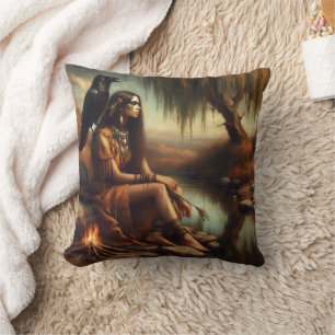 Cojín Decorativo Mujer Nativa Estadounidense Sentada Junto Al Río C