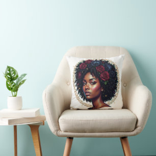 Cojín Decorativo Mujer Negra Afro Floral Oscuro