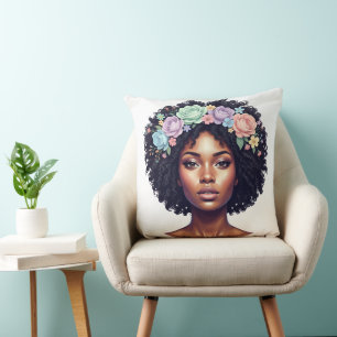 Cojín Decorativo Mujer negra profunda con afro adornado con flores