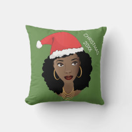 Cojín Decorativo Mujer negra, Sombrero rojo de Santa, año actual, v