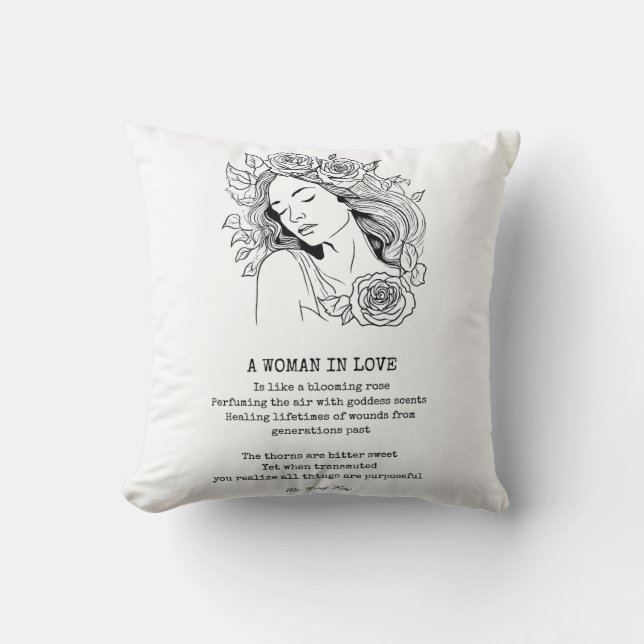 Cojín Decorativo Mujer pacífica, rosa blanca y negra (Anverso)