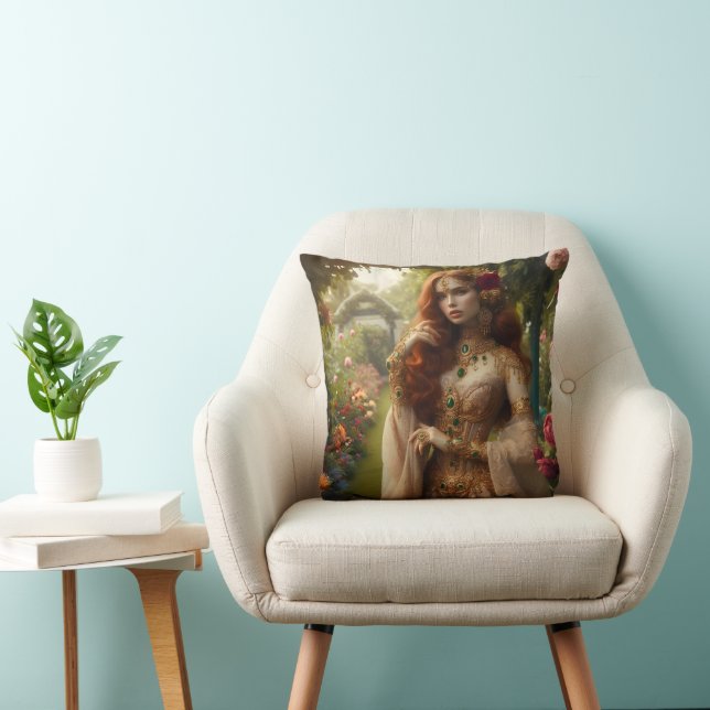 Cojín Decorativo Mujer pre-rafaelita dorada 2 en jardín (Silla)