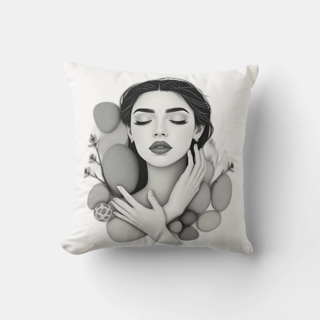 Cojín Decorativo Mujer serena con piedras y plantas (Anverso)