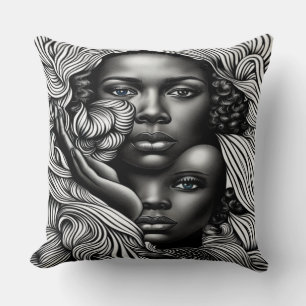 Cojín Decorativo Mujeres Afroamericanas Abstractas en Blanco y Negr