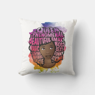 Cojín Decorativo Mujeres motivadoras negras, pelo natural, acuarela