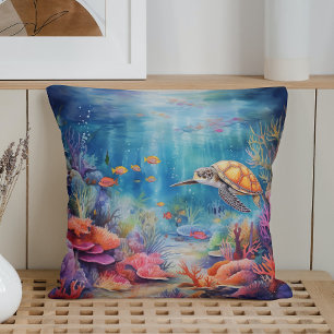 Cojín Decorativo Mundo Subacuático de Acuarela de Verano