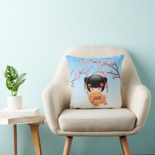 Cojín Decorativo Muñeca Kokeshi - Geisha Japonesa Azul