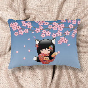 Cojín Decorativo Muñeca Kokeshi Kitsune - Chica Geisha Zorro Negro
