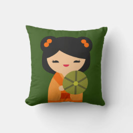 Cojín Decorativo Muñecas japonesas kokeshi, naranja lindo