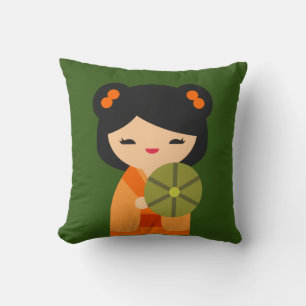 Cojín Decorativo Muñecas japonesas kokeshi, naranja lindo