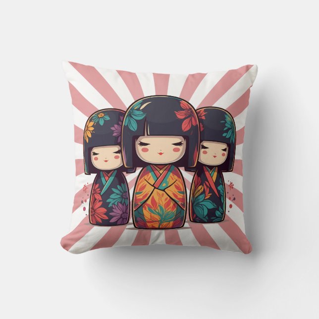 Cojín Decorativo Muñecas kokeshi japonesas banales (Anverso)