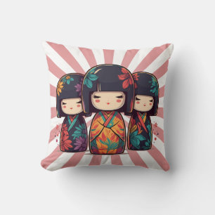 Cojín Decorativo Muñecas Kokeshi Japonesas Lindas