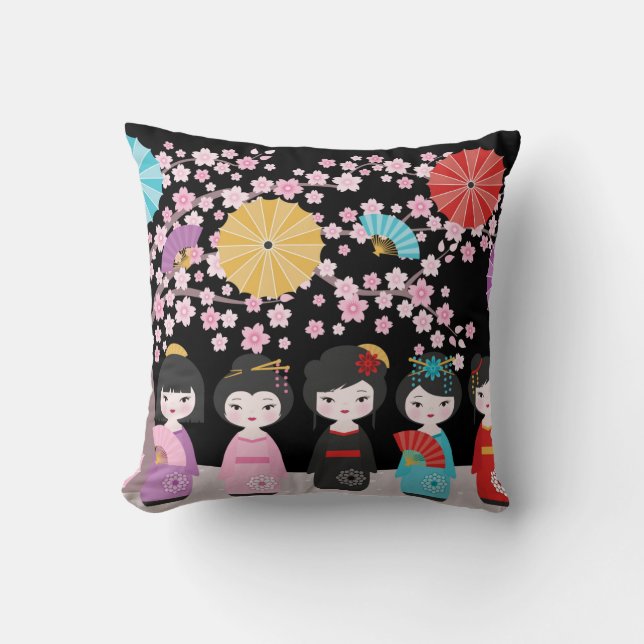 Cojín Decorativo Muñecas kokeshi japonesas negras (Anverso)