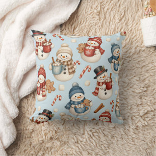 Cojín Decorativo Muñeco de Nieve Agradable Cacao Caliente Acuarela